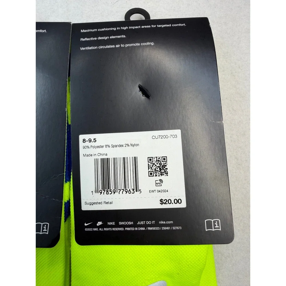 2pk Nike Spark Cushioned Crew Running Socks Volt Women 9.5-11 Men 8-9.5 NWT
